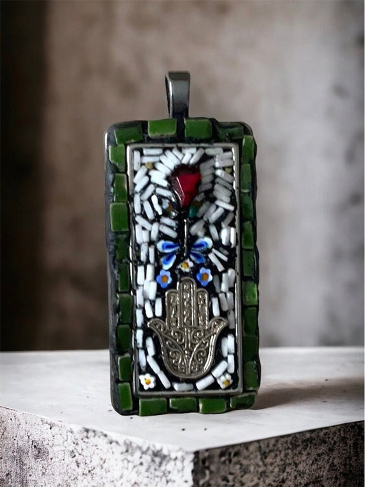 Hamsa - one-of-a-kind micro mosaic necklace with mixed material including metal, hand cut tile, glass, millefiori and rhinestone