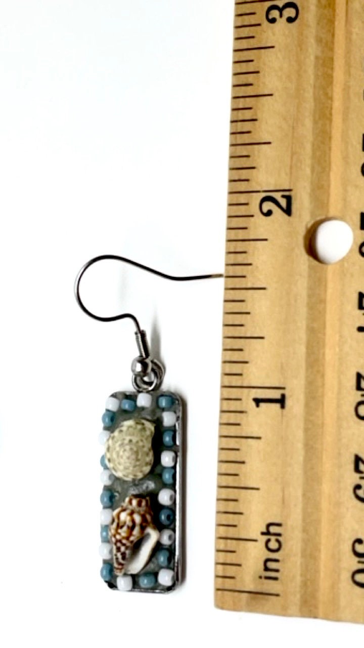 Small mosaic tile beach themed shell and glass blue and white small (1 inch) handmade dangle earrings
