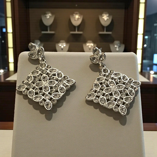 Elegant Silver-Tone Floral Design Statement Earrings with Sparkling Rhinestones