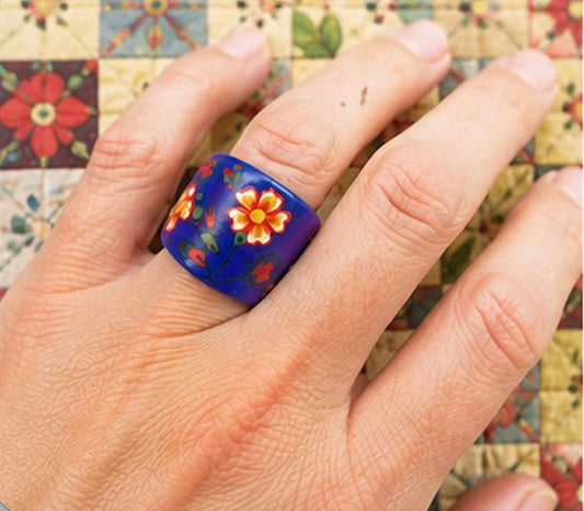 Vintage Hand Painted Wooden Ring | Choose Your Ring | Folk Art Floral Statement Ring | Boho Cottagecore Jewelry