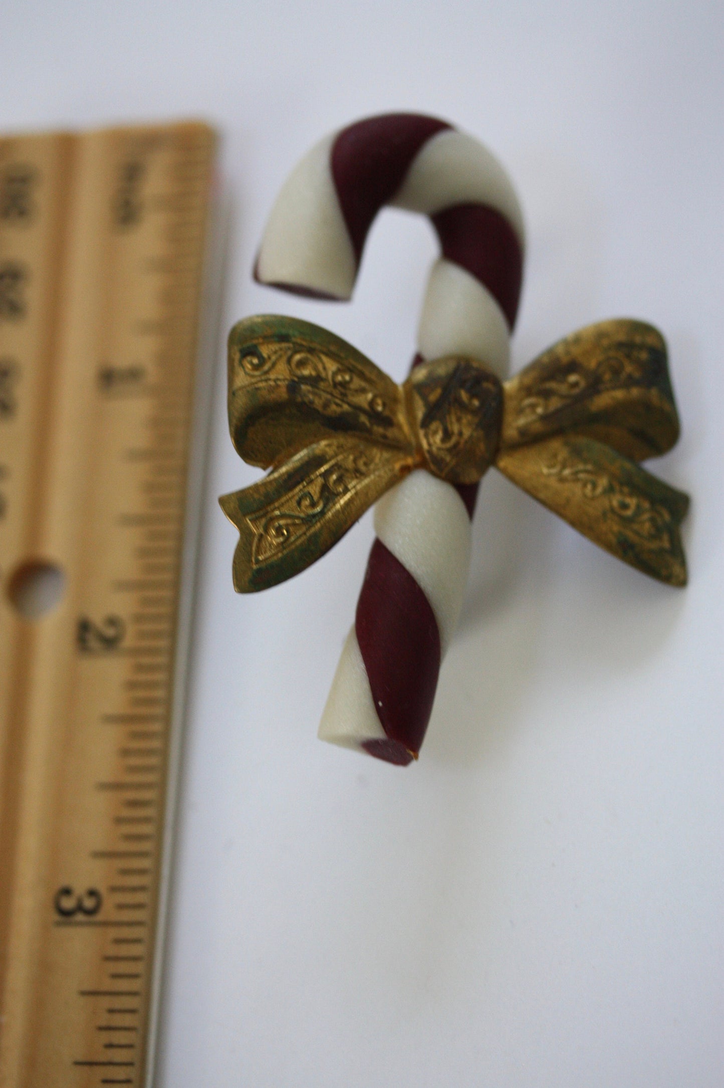 Unique mixed material vintage Candy cane pin with bow