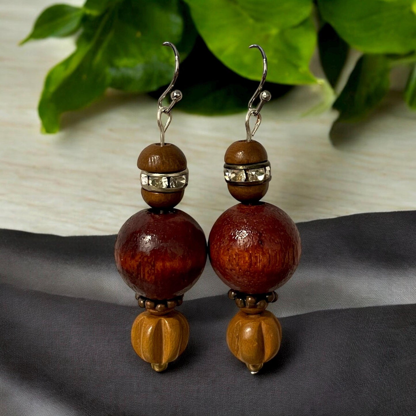 Metal, crystal rhinestone and wood handmade dangle earrings with vintage, upcycled and new elements