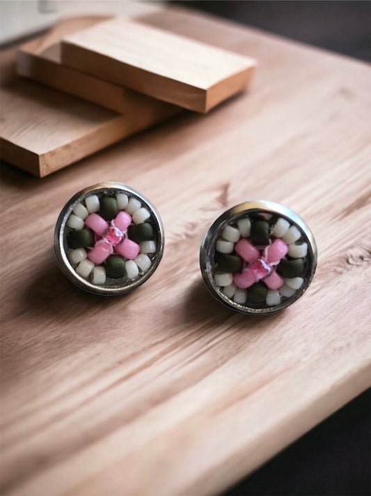 Tiny little stud earrings - approx. 8 mm - intricately handmade beadwork - light pink and olive green