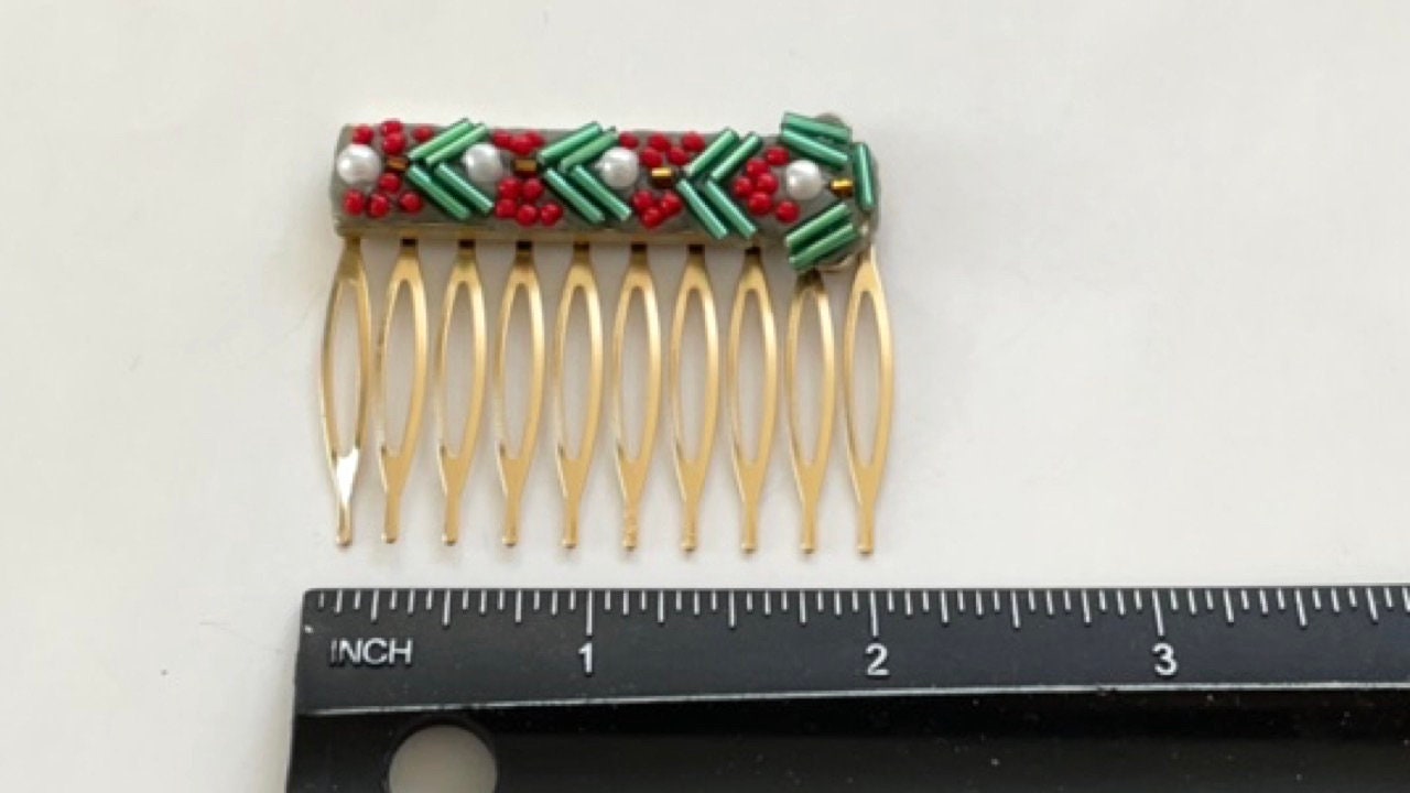 Mixed Material Mosaic Christmas themed metal hair comb - micro mosaic / collage / Assemblage art / Millefiori
