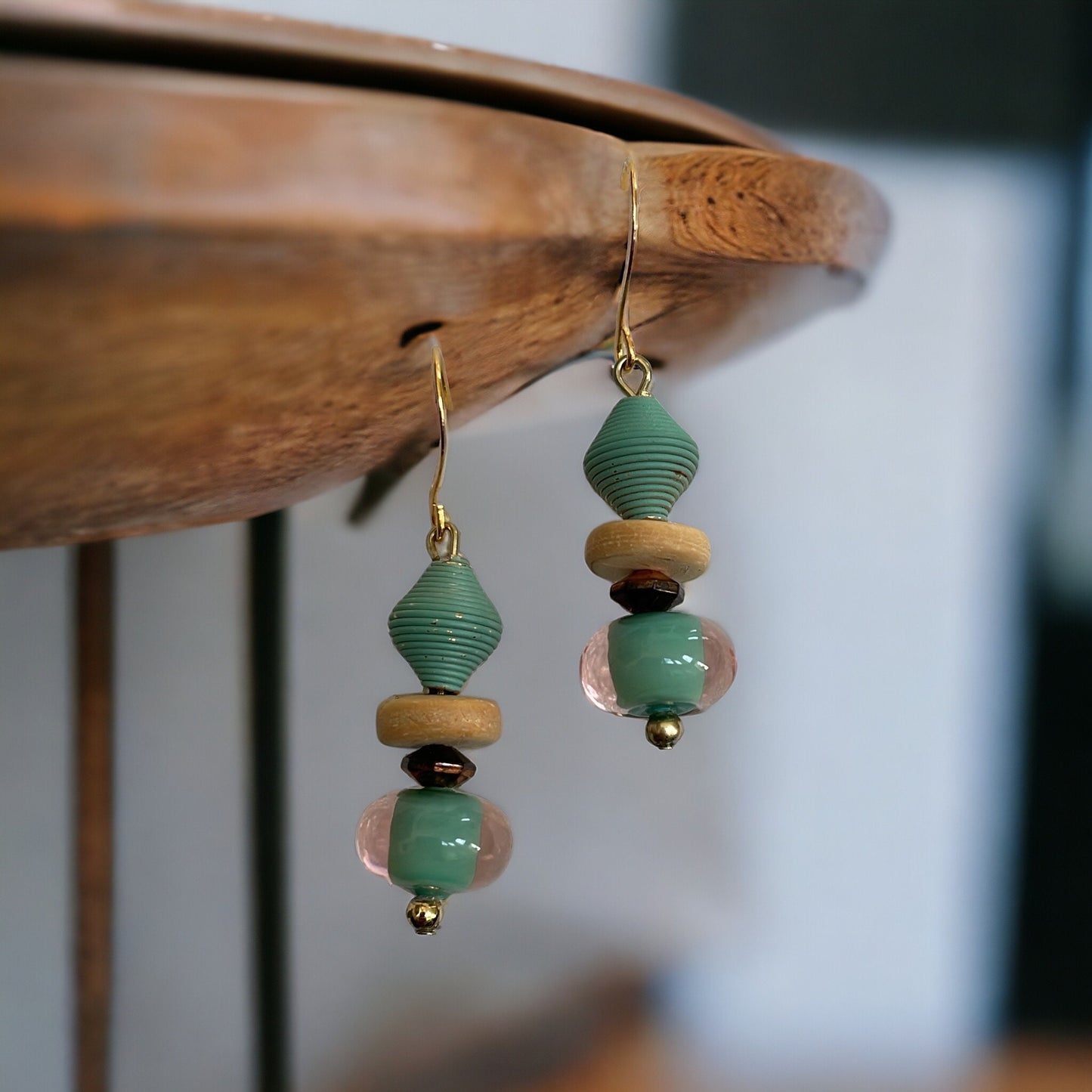 Mixed material glass, metal and wood turquoise drop earrings
