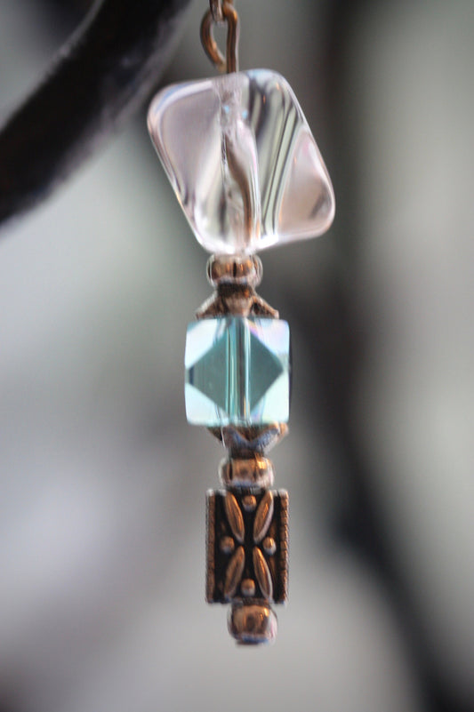 Blue crystal & uniquely shaped clear glass handmade dangle earrings