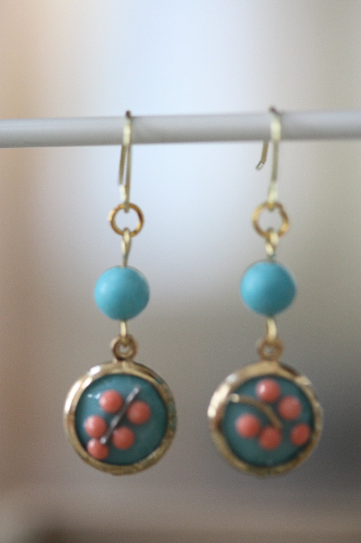 Sweet handmade peach dotted blue floral dangle earrings