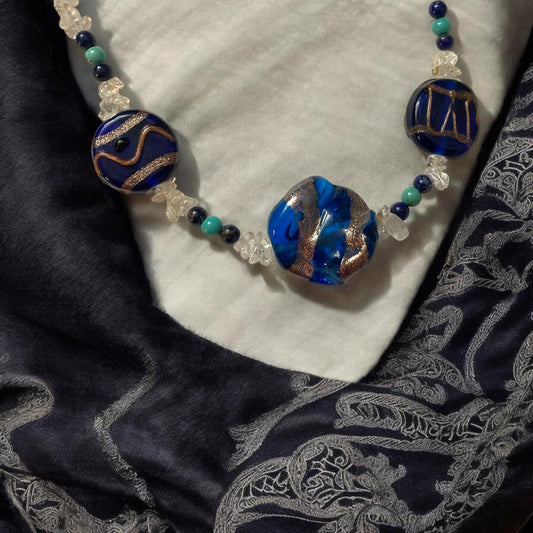 Cobalt blue art glass beaded necklace with semi precious stone chips, black tubes and turquoise/black beads
