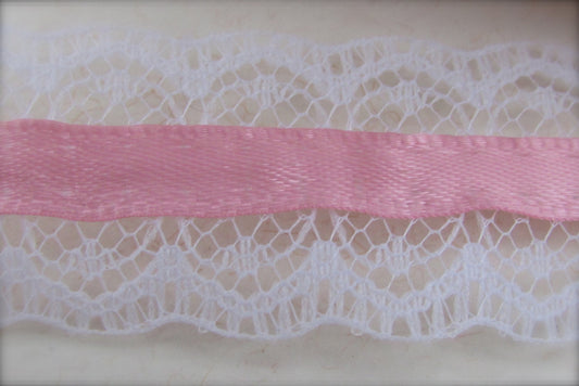 Victorian-style vintage narrow white lace with pink ribbon in the center - by the yard