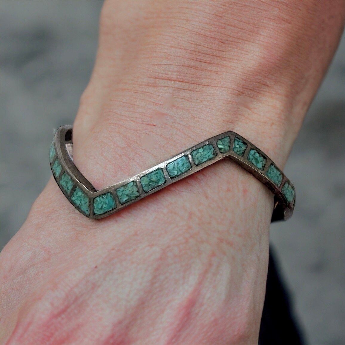 Sterling silver and inlaid turquoise vintage cuff bracelet - uniquely shaped