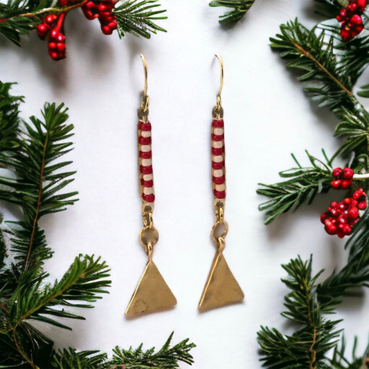 Charming little Christmas dangle earrings - red and white seed beads with hammered goldtone abstract Christmas tree