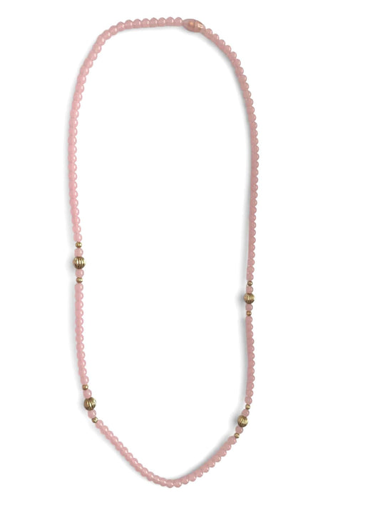 Vintage Pink Lucite Bead Necklace with Gold Ribbed Accent Beads, Blush Acrylic Statement Necklace, Minimalist Layering Jewelry