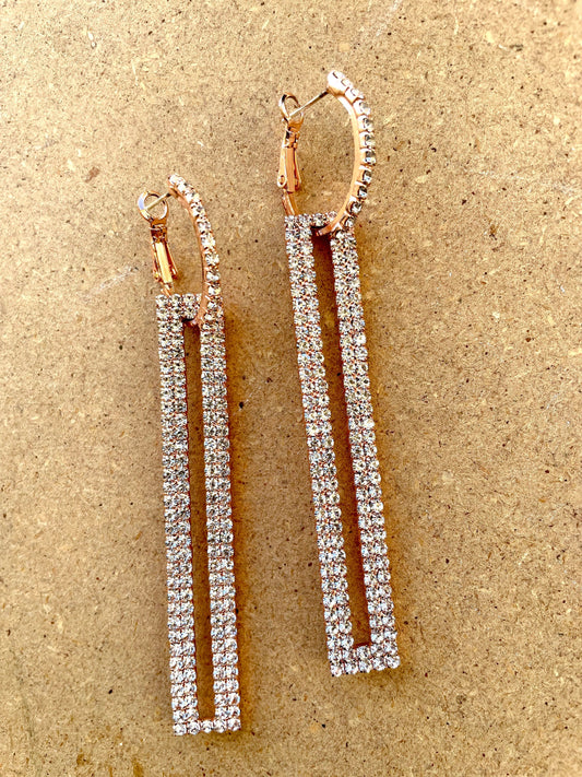 Simply elegant vintage earrings - rhinestone hoops with long rectangular rhinestone dangles