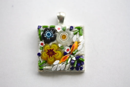 My handmade mosaic necklace - "Flower garden" - hand cut ceramic and glass with millefiori flowers