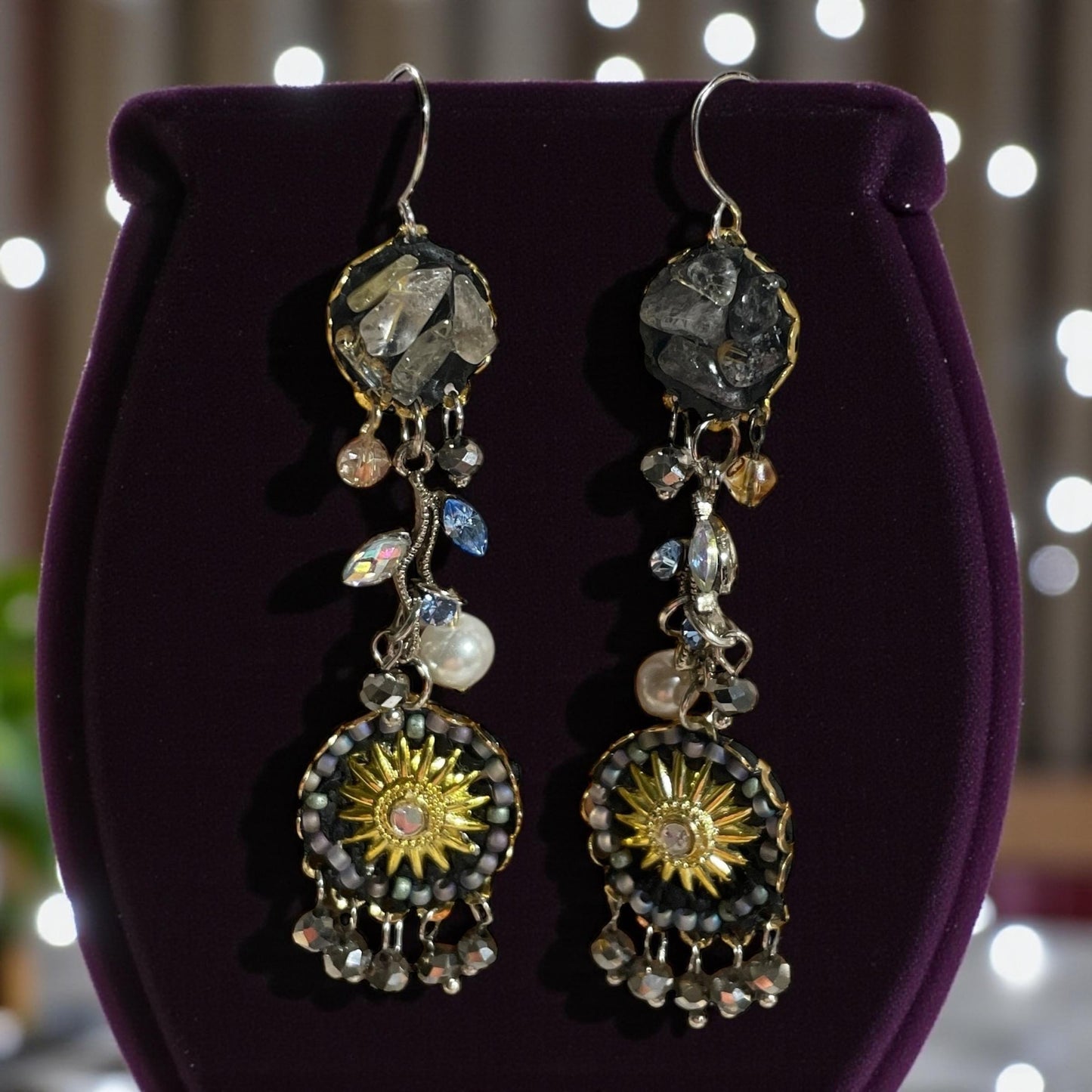 Celestial Sunburst Dangle Earrings – Handmade Boho Statement Jewelry with rutilated quartz, rhinestones, faux pearls & Beads
