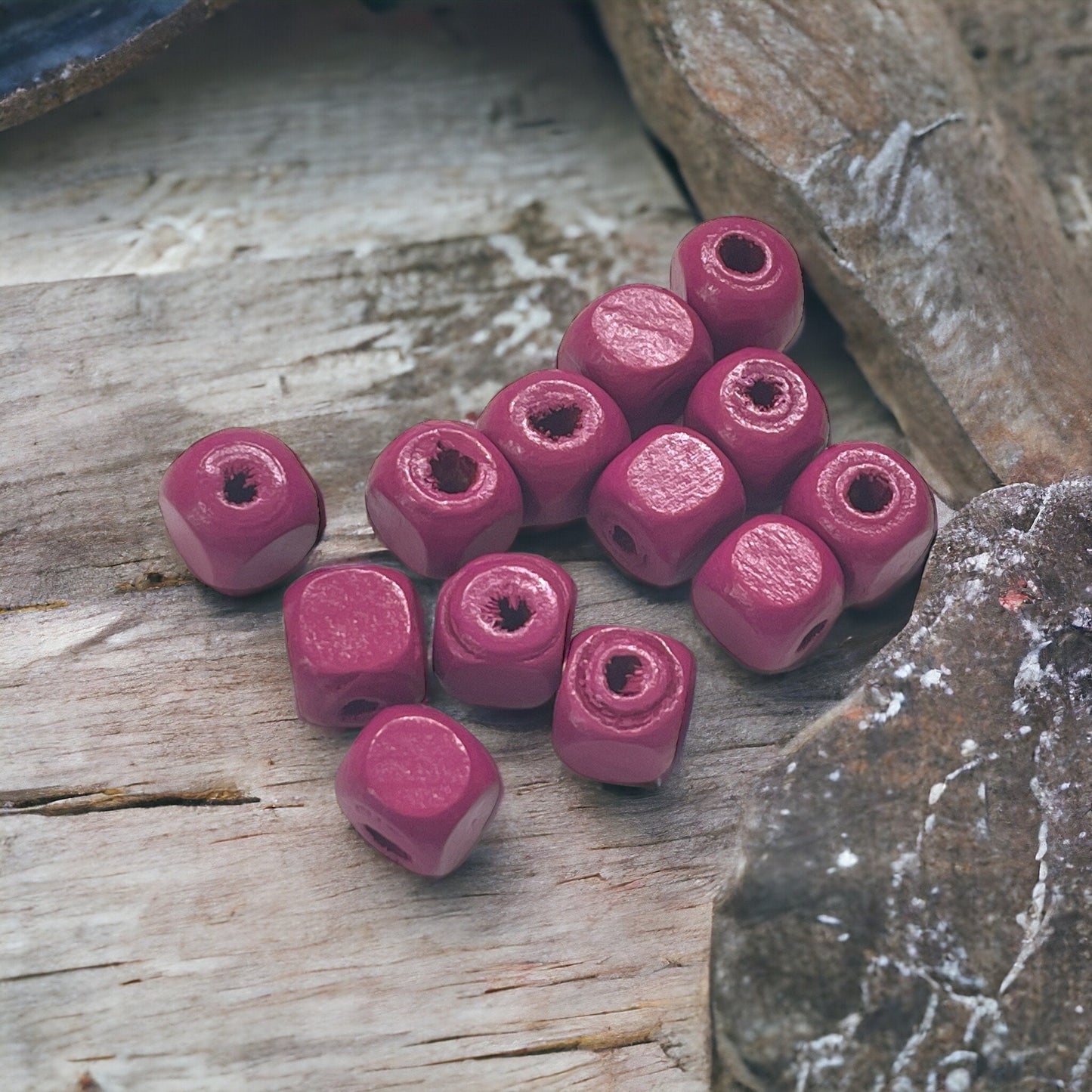 One dozen small cube square purple wood vintage beads - approx. 8 mm each