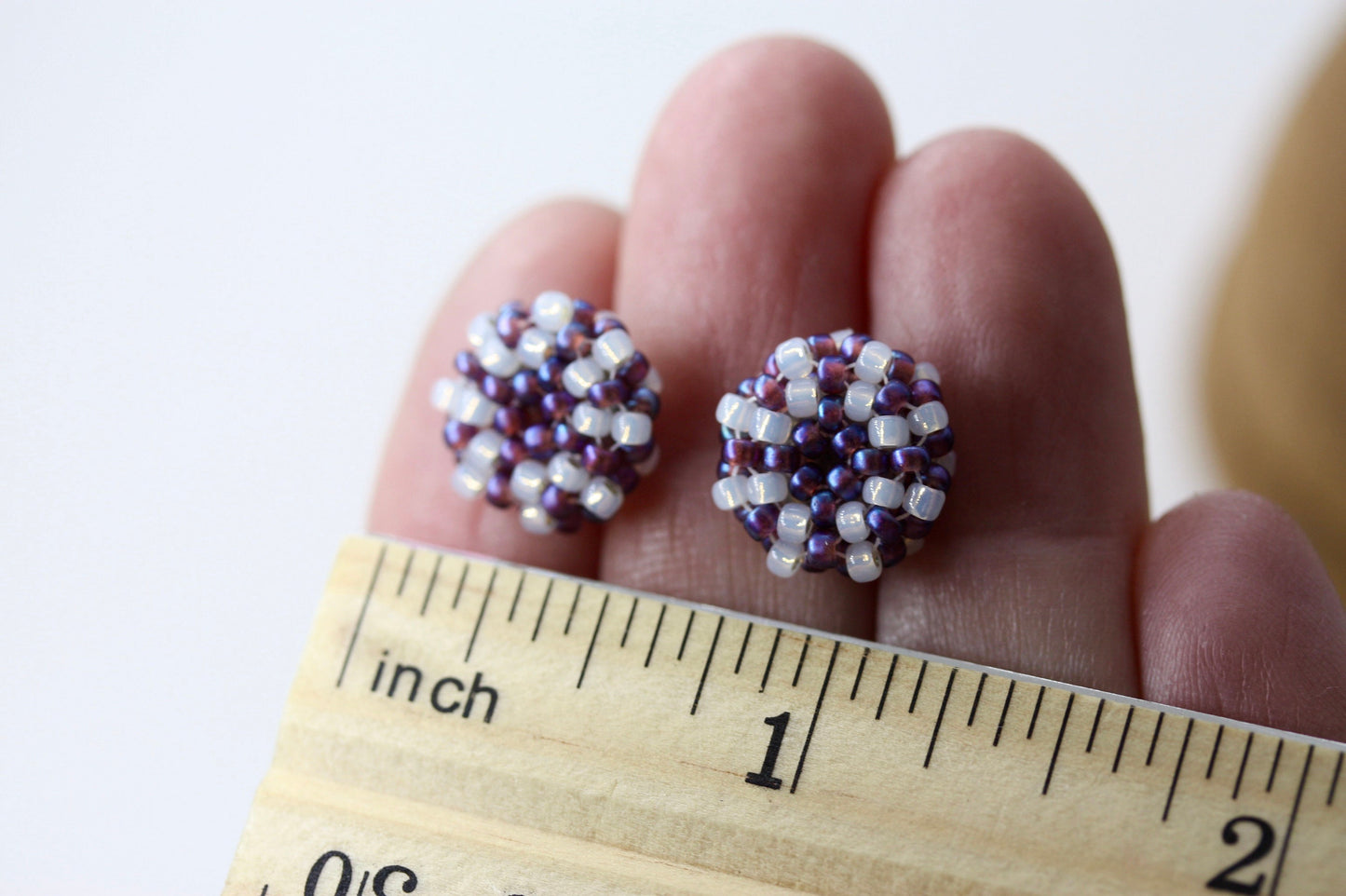 Hand beaded stud earrings - purple with drops of white glass - studs, beadwork studs, beaded studs