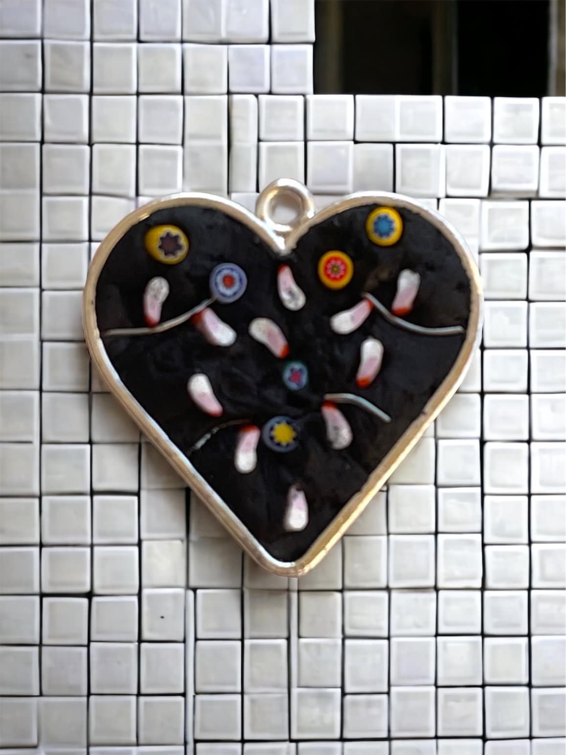 Handmade micro mosaic heart shaped flower garden necklace - made of handcut pieces of Italian millefiori glass and wire