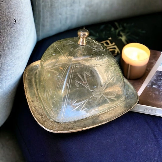 Vintage etched blown glass domed lid on silver square Cheese/Dessert dish