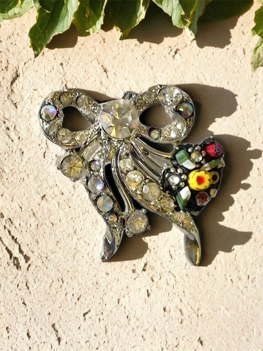 Charming upcycled vintage pin with rhinestones, handcut Italian glass and sweet millefiori flowers and leaves