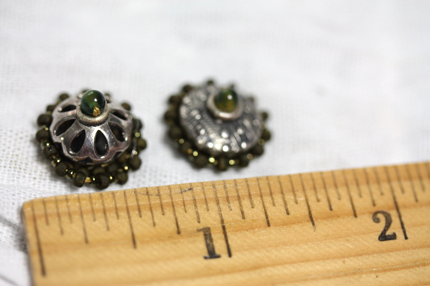 Mismatched mixed material hand beaded stud earrings - very unique - shades of green - handmade original beadwork