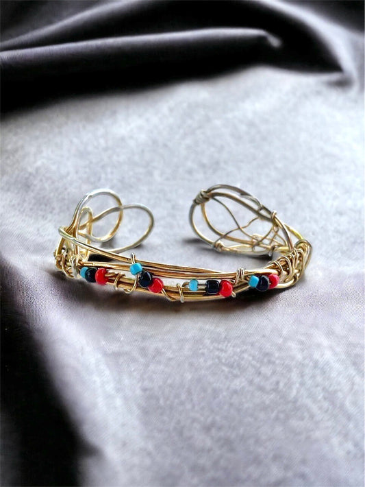 Unique vintage artisan cuff beaded wire bracelet - adjustable... one-size-fits-all