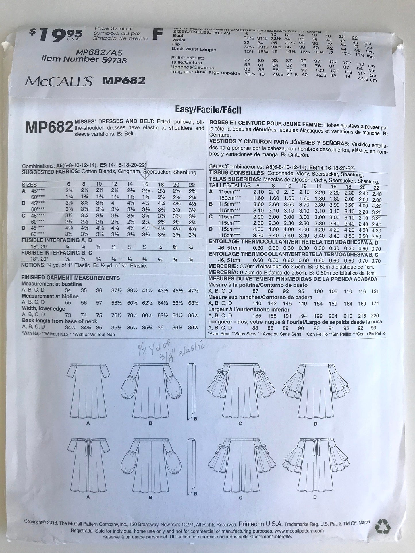 UNCUT Sewing Pattern - McCall's Sewing Pattern MP682 - Summery Dresses and Belt, A5 (Sizes 6-8-10-12-14)