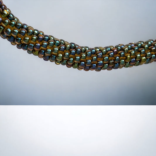 Stunning beadwork vintage handcrafted necklace - made of hundreds of tiny glass seed beads - iridescent peacock blue