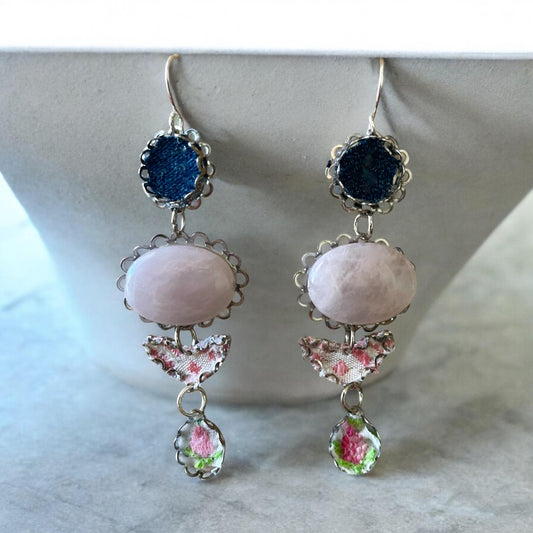 Handmade earrings featuring rose quartz, metal findings, denim, pink dotted fabric, embroidered flowers. Sterling silver ear wires.