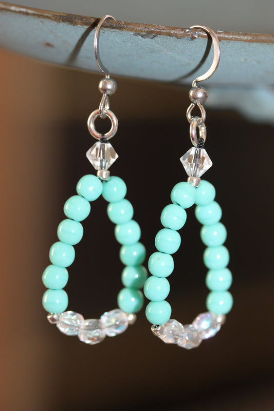 Hand beaded color blocked turquoise blue dangle hoop earrings - vintage and new materials