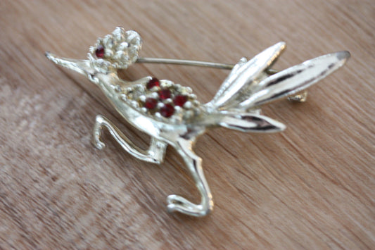 Unique red rhinestone vintage bird pin- silver with red rhinestones