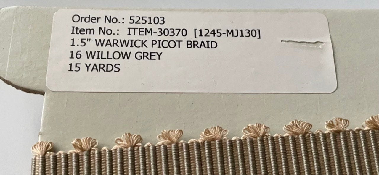 Vintage Samuel and Sons Passementerie Trim - 1.5 inch Warwick Picot Braid in Willow Grey - price per yard