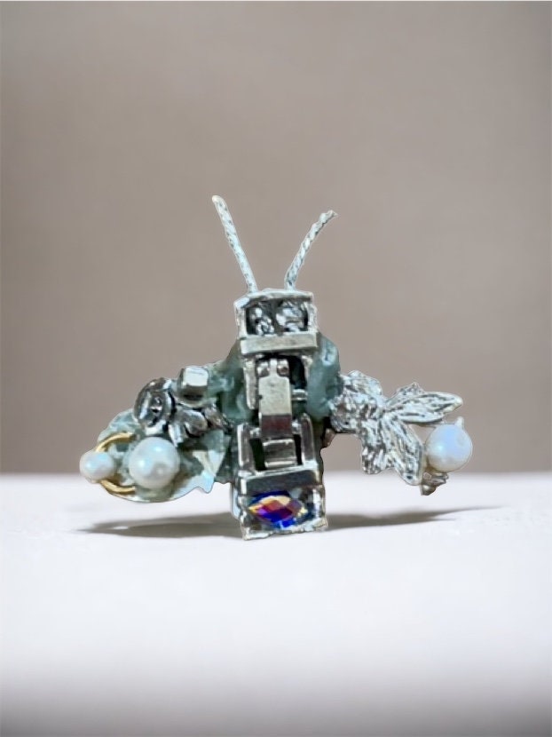 Meet "Buzz" - Assemblage art / mixed media collage - little flying insect magnet, lapel pin or necklace pendant