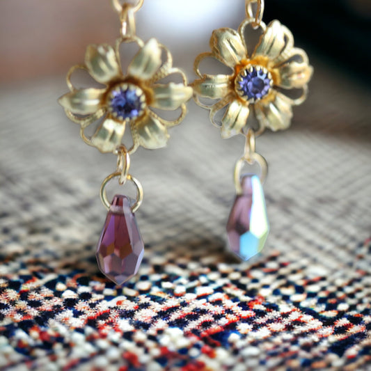 Handmade earrings - made up of vintage & new components - gold flowers with purple rhinestones and crystal dangles