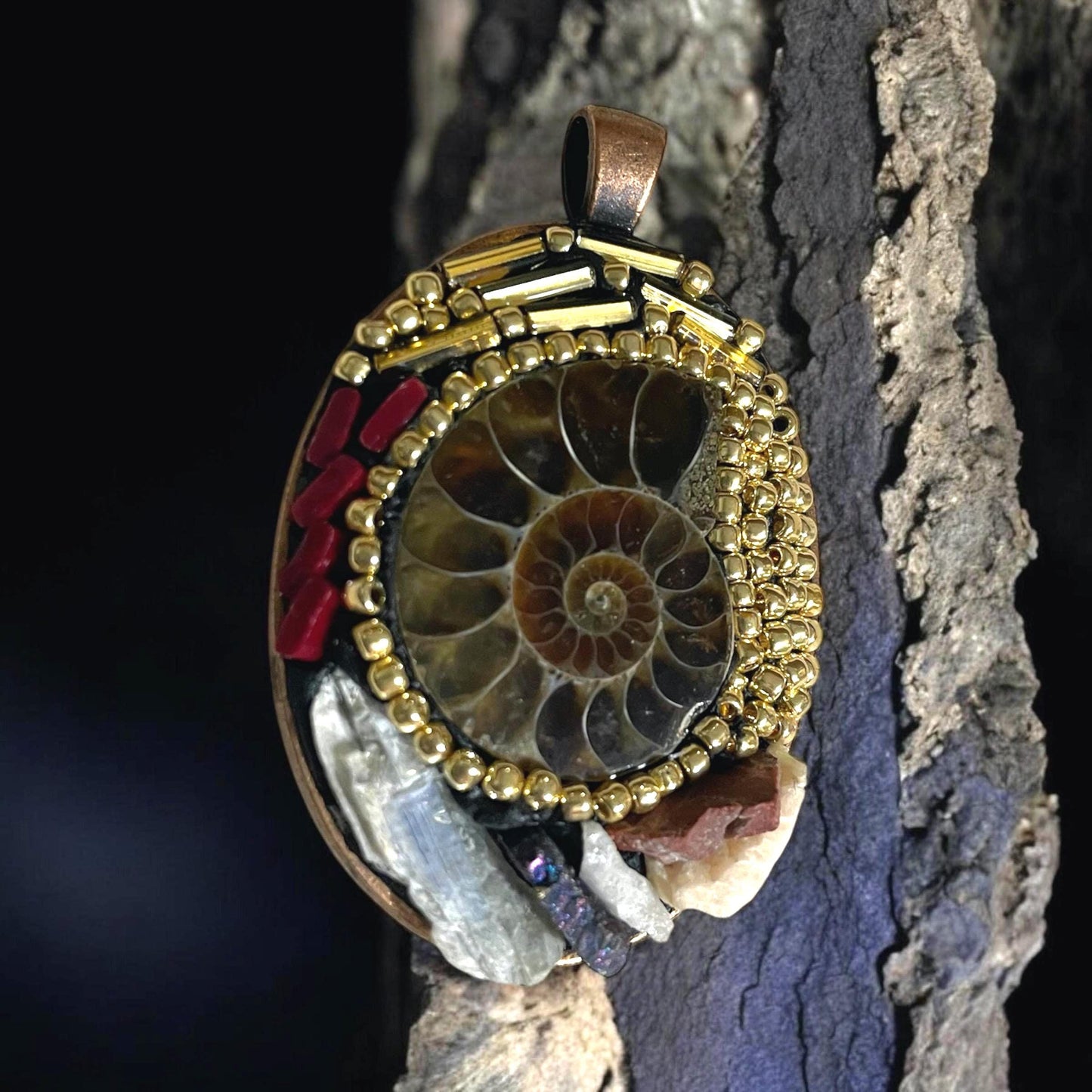 Handmade Ammonite Micro Mosaic Necklace –Unique Fossil Jewelry with Hand-Cut Italian red glass Murrini, gold beads and semi-precious stones