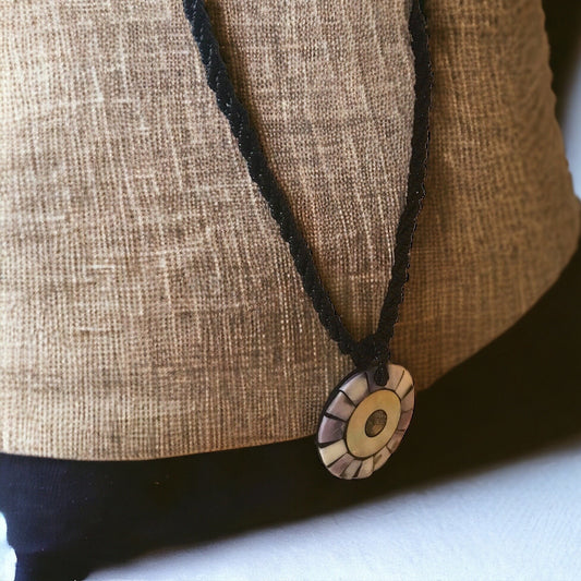 Vintage inlaid abalone and lavender mother of pearl on black multi strand seed beaded necklace