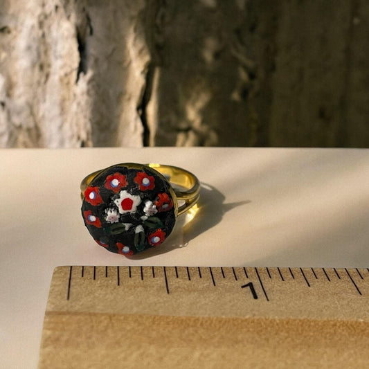 Handmade micro mosaic adjustable ring - Italian inspired - hand cut glass with millefiori flowers