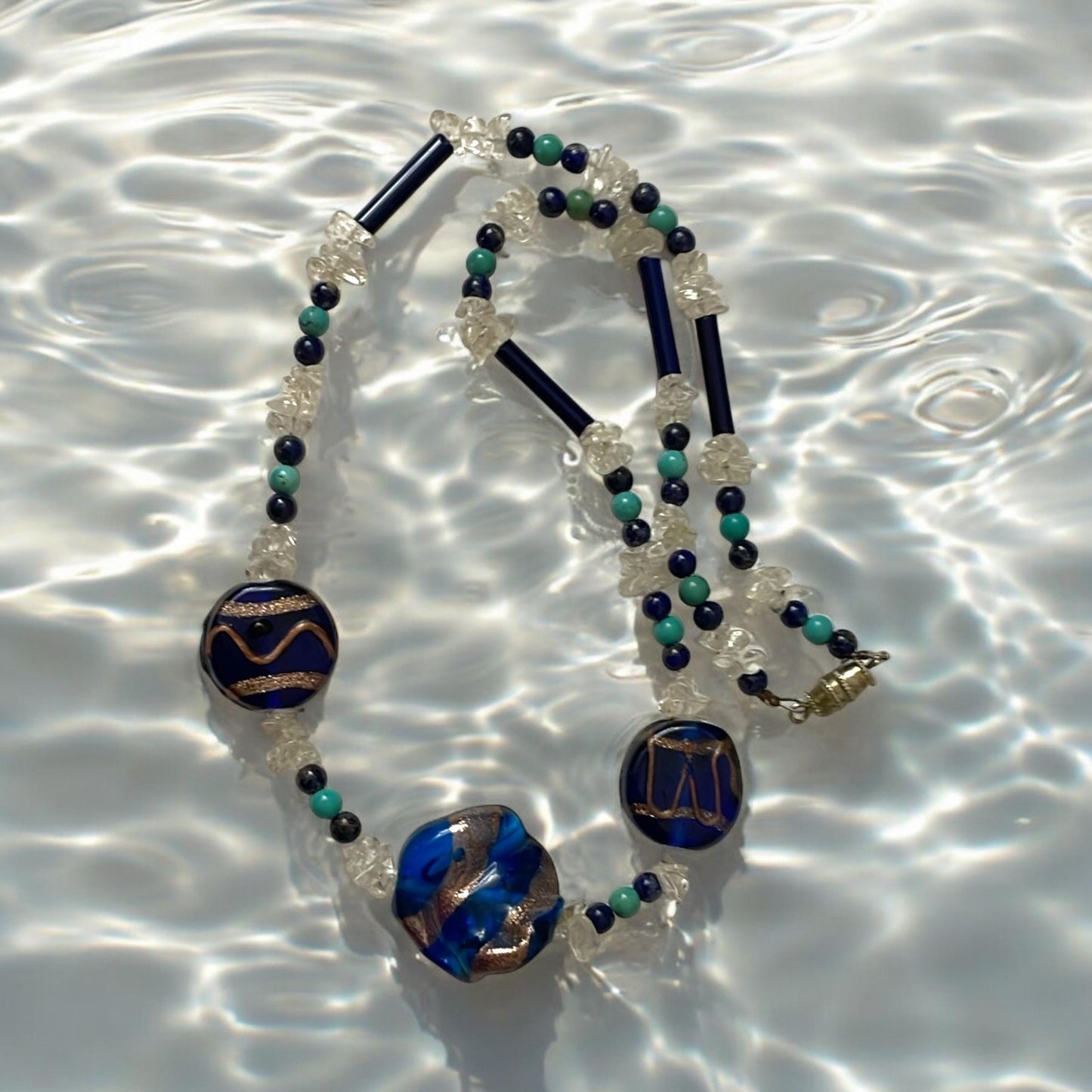 Cobalt blue art glass beaded necklace with semi precious stone chips, black tubes and turquoise/black beads