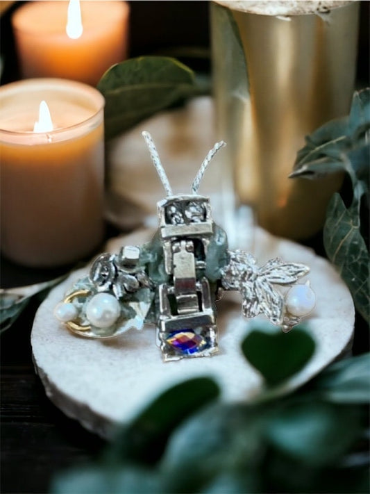 Meet "Buzz" - Assemblage art / mixed media collage - little flying insect magnet, lapel pin or necklace pendant