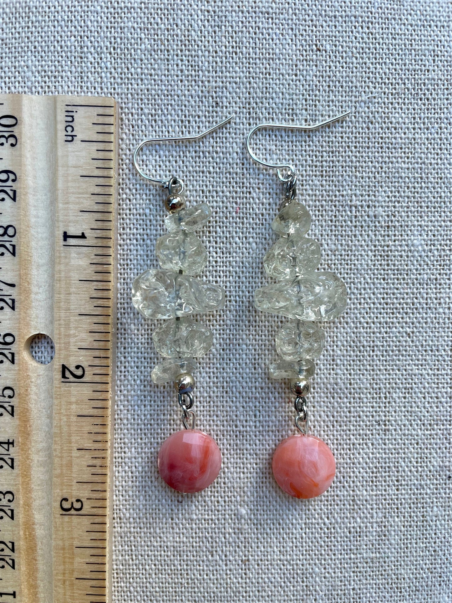 Unique dangle earrings made with new and vintage mixed materials - "pink drops on ice"