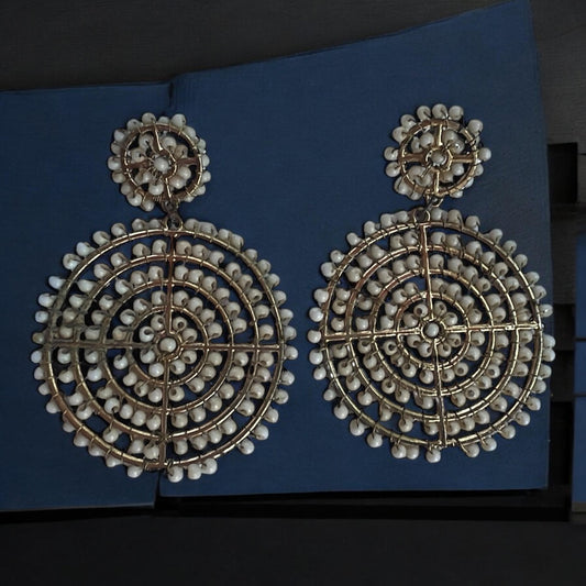 Boho Statement Earrings | Wire Wrapped Beaded Circle Earrings | Large Tribal-Inspired Drop Earrings, white beaded oversized hoops