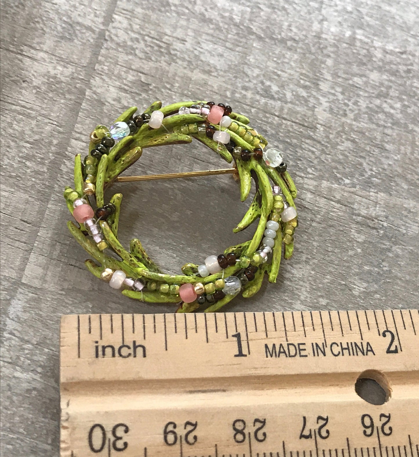 Revised, Modernized, Upcycled - hand made / hand painted one-of-a-kind mixed media beaded vintage wreath flower pin brooch