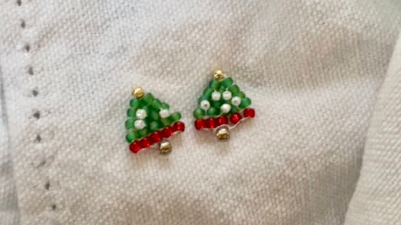 Handmade tiny little beadwork Christmas tree stud earrings
