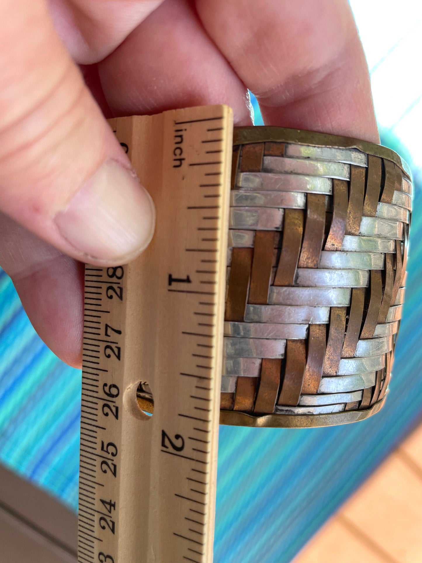 Mixed metal Basketweave hand woven copper & silver stunning vintage artisan cuff bracelet