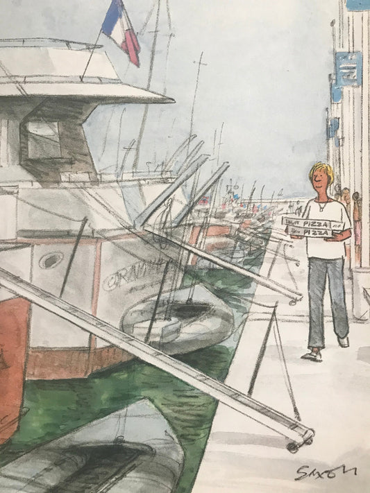 Vintage NEW YORKER Magazine original cover - August 25, 1986 - bringing pizza to a boat by artist Saxon
