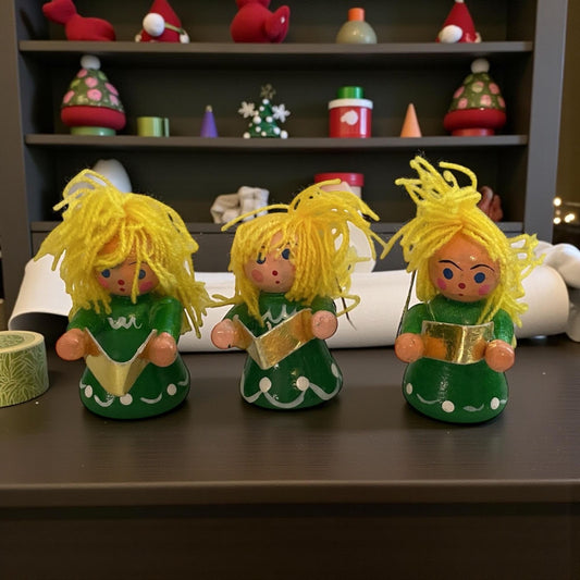 1978 Amico Santas Helpers - Set of 3 Vintage Wooden Angel Ornaments – Hand-Painted Angel girls with Yellow Yarn Hair