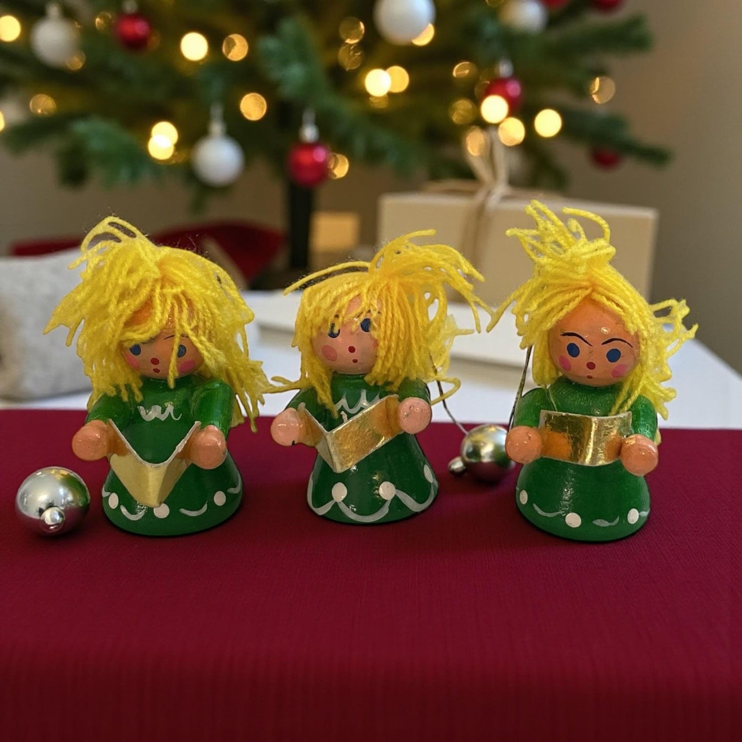 1978 Amico Santas Helpers - Set of 3 Vintage Wooden Angel Ornaments – Hand-Painted Angel girls with Yellow Yarn Hair