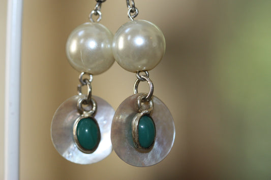 Vintage mother of pearl, faux pearl and upcycled turquoise colored dangle earrings