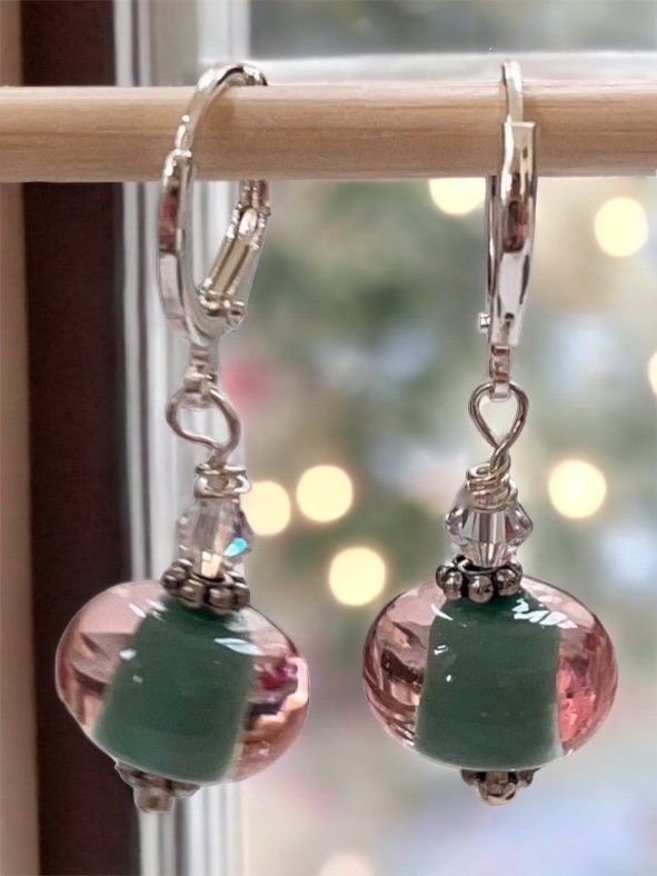 Stunning celadon green and clear glass huggie dangle earrings
