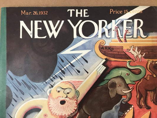 The NEW YORKER Magazine very rare original cover - March 26, 1932 - animals, ark